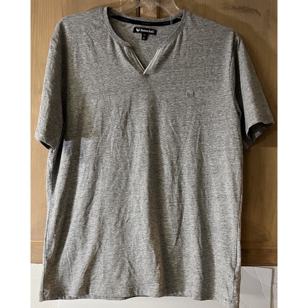 Buttercloth Icy Cotton Shirt Mens XL Gray Slim Fit Short Sleeve Split V-Neck